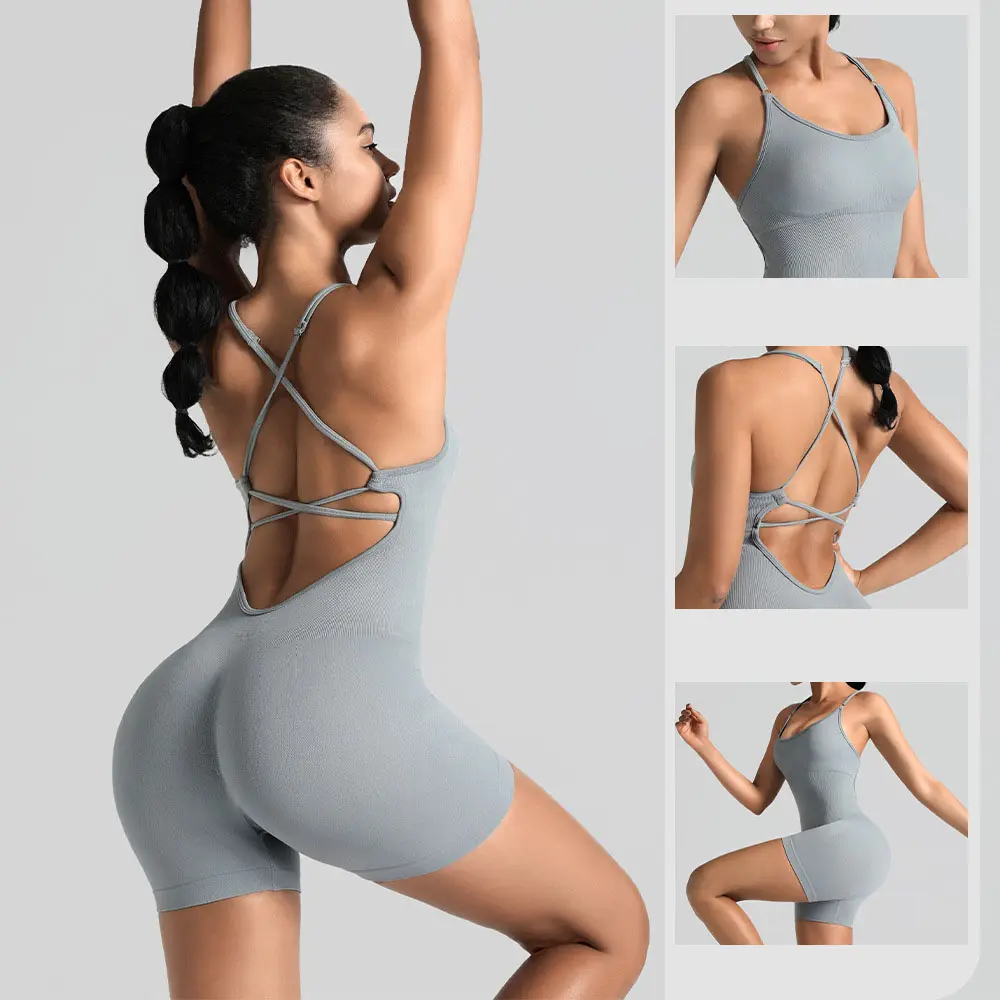 Woman modeling a light grey one-piece yoga romper with strappy open back design, shown in multiple angles and poses.