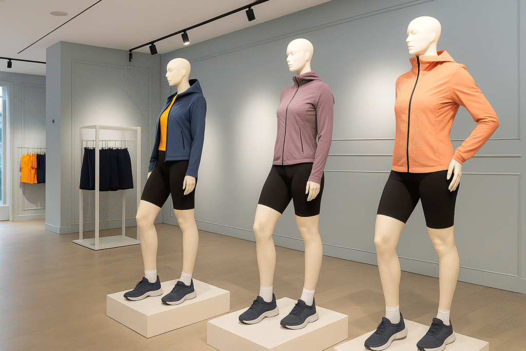 Three mannequins in colorful zip-up hoodies and black biker shorts showcased in a modern retail store.