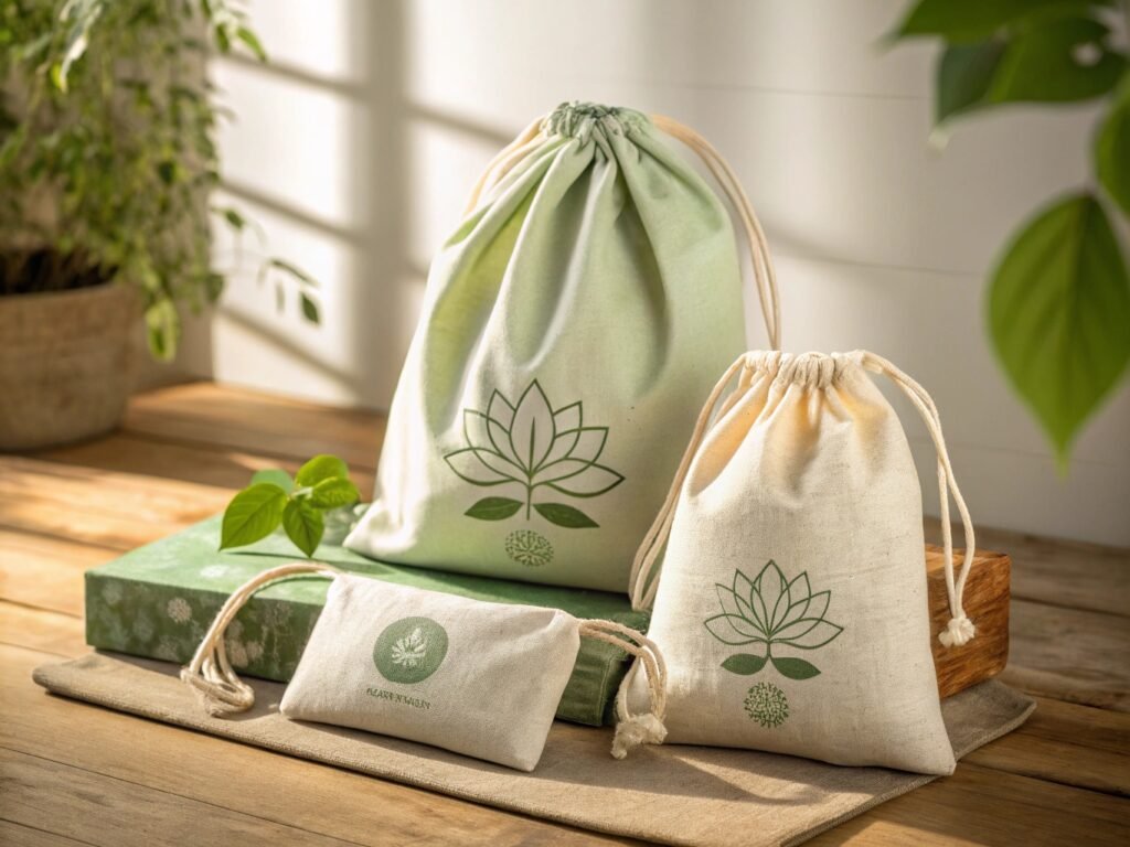 Natural drawstring pouches with green lotus design, displayed with eco-style yoga packaging on wooden surface.