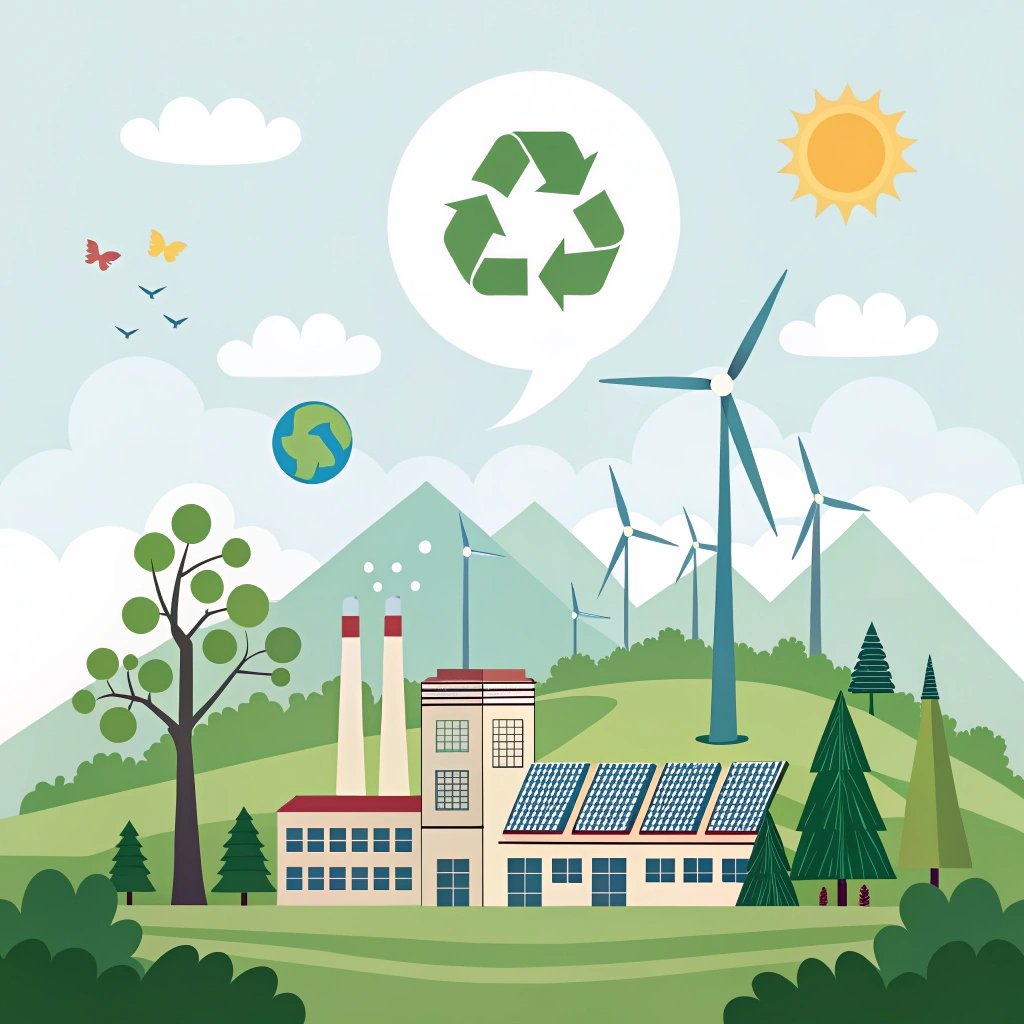 Illustrated sustainable factory with solar panels and wind turbines, surrounded by trees, mountains, and recycling symbols.