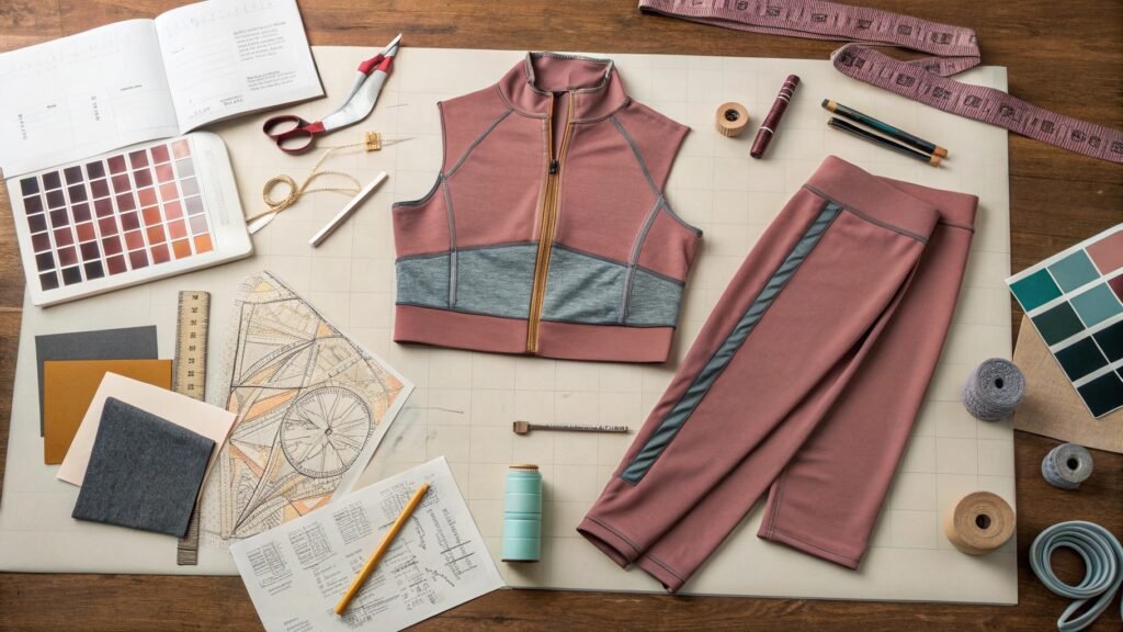 Pink and gray activewear set with design tools, color swatches, and technical sketches on a wooden workspace.