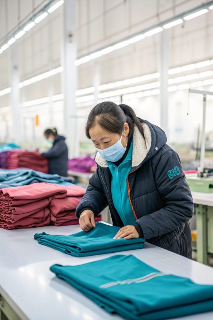 Factory worker in mask inspecting folded teal garments on a production table.