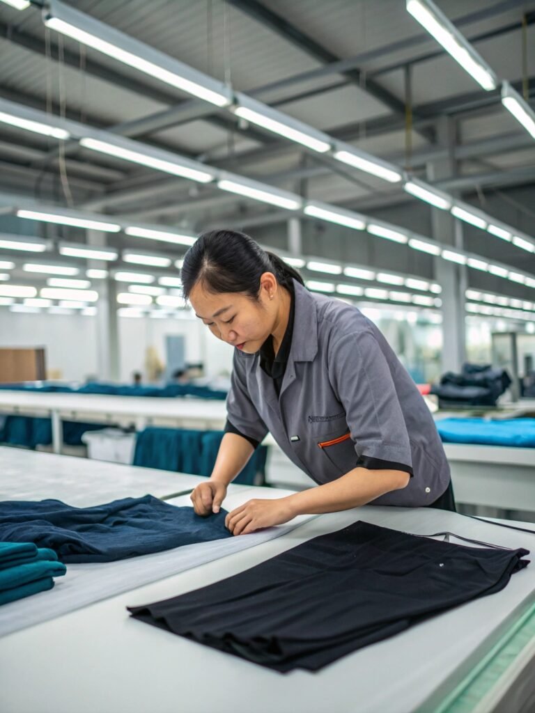 Factory worker inspecting folded garments under bright lighting in a modern production facility.