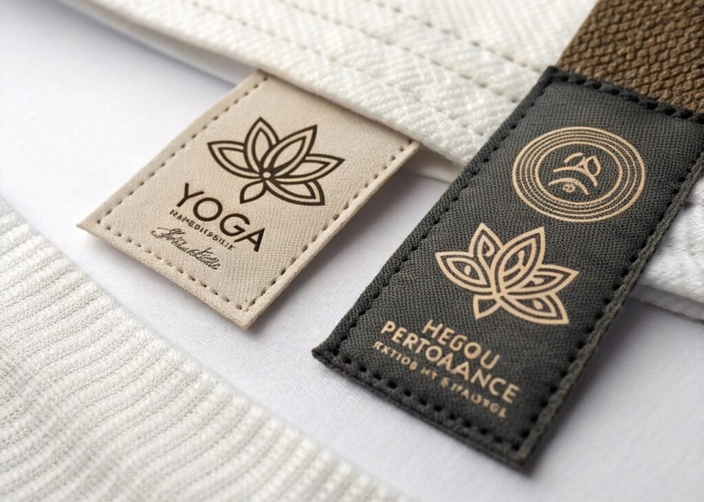 Close-up of fabric tags featuring "Yoga" and "Hegou Performance" logos, stitched on a white yoga garment, showcasing minimalist designs with lotus flower motifs.