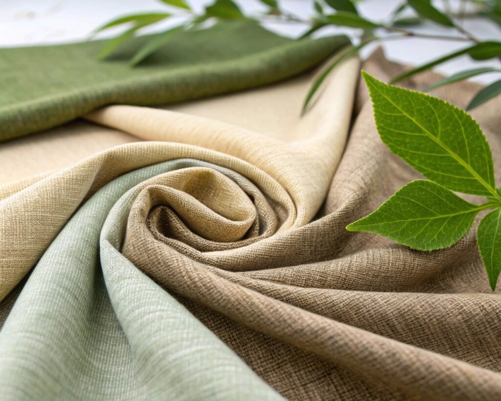 Close-up of eco-friendly fabric in natural tones like green, beige, and brown, with a fresh green leaf placed nearby to highlight the connection with nature.
