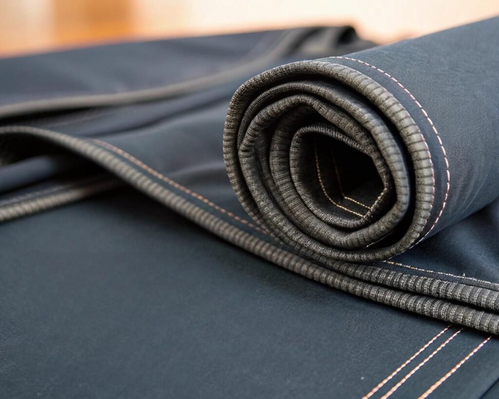 Close-up image of rolled dark fabric featuring contrasting orange stitching along the edges, showcasing its texture and detail.