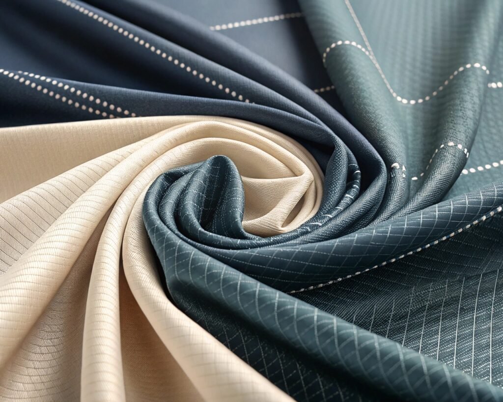 Close-up view of folded fabric with contrasting colors and grid patterns, showcasing the smooth texture and intricate stitching.