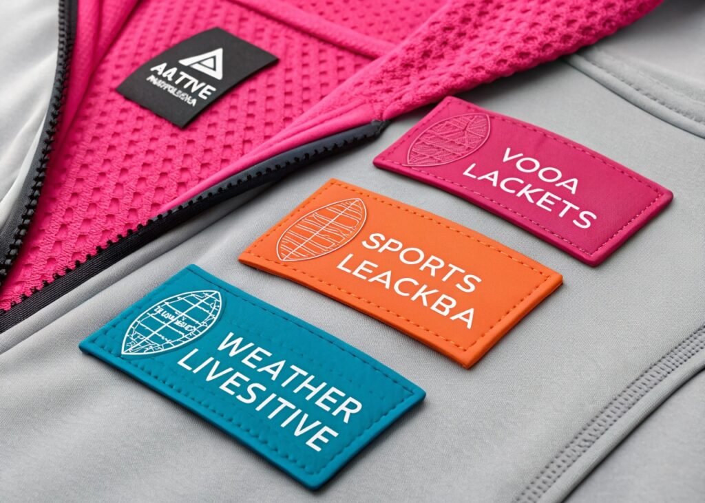 Close-up view of colorful fabric labels (pink, orange, and teal) on a gray activewear jacket with a pink mesh interior, featuring bold white text on each label.