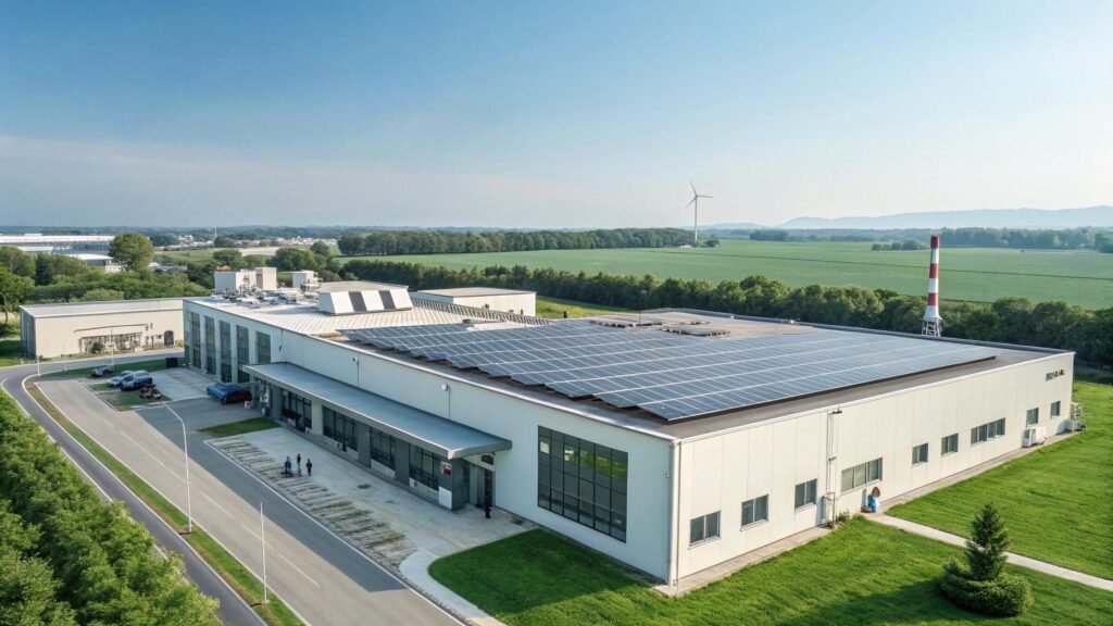Aerial view of a modern factory building with rooftop solar panels, surrounded by green fields, trees, and a wind turbine in the distance.