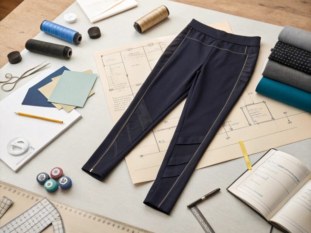 Navy blue leggings displayed on a design table with pattern drafts, fabric swatches, thread spools, and tailoring tools.