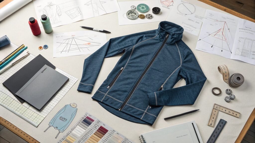Blue zip-up jacket surrounded by design sketches, thread spools, color swatches, and measuring tools on a fashion designer’s table.