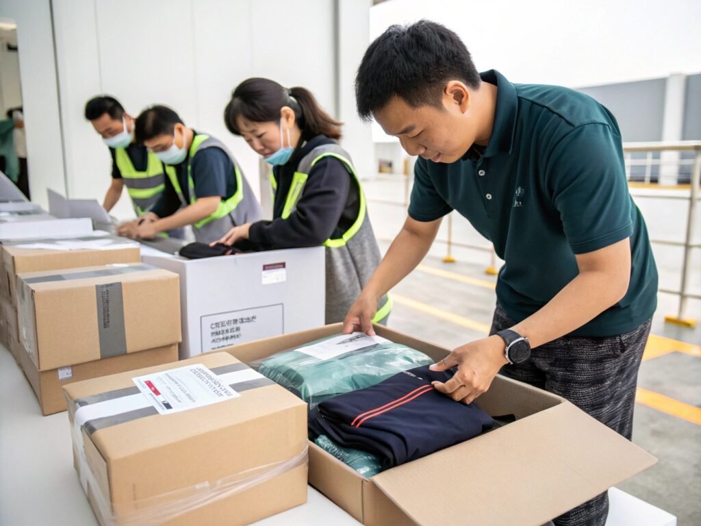 Warehouse staff in safety vests carefully pack clothing items into boxes for shipment. Several packed boxes are visible, and workers are seen organizing and labeling packages in a well-lit warehouse environment.