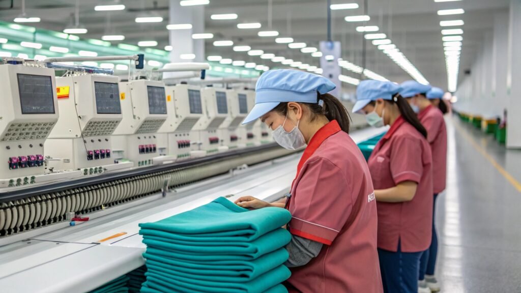 Factory workers operating automated embroidery machines while inspecting stacked teal garments in a clean, brightly lit production facility.