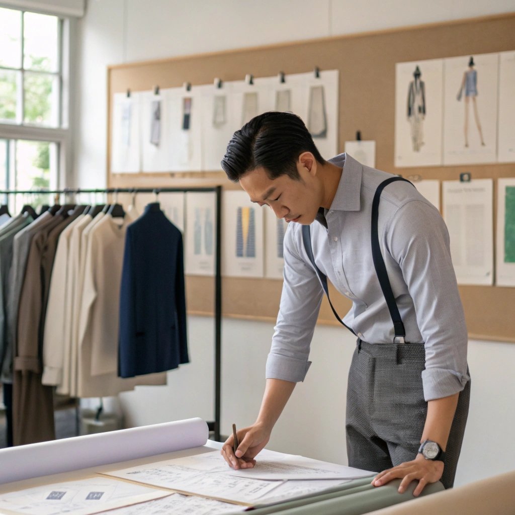 Fashion designer sketching menswear designs in studio with fabric rolls and garment samples.