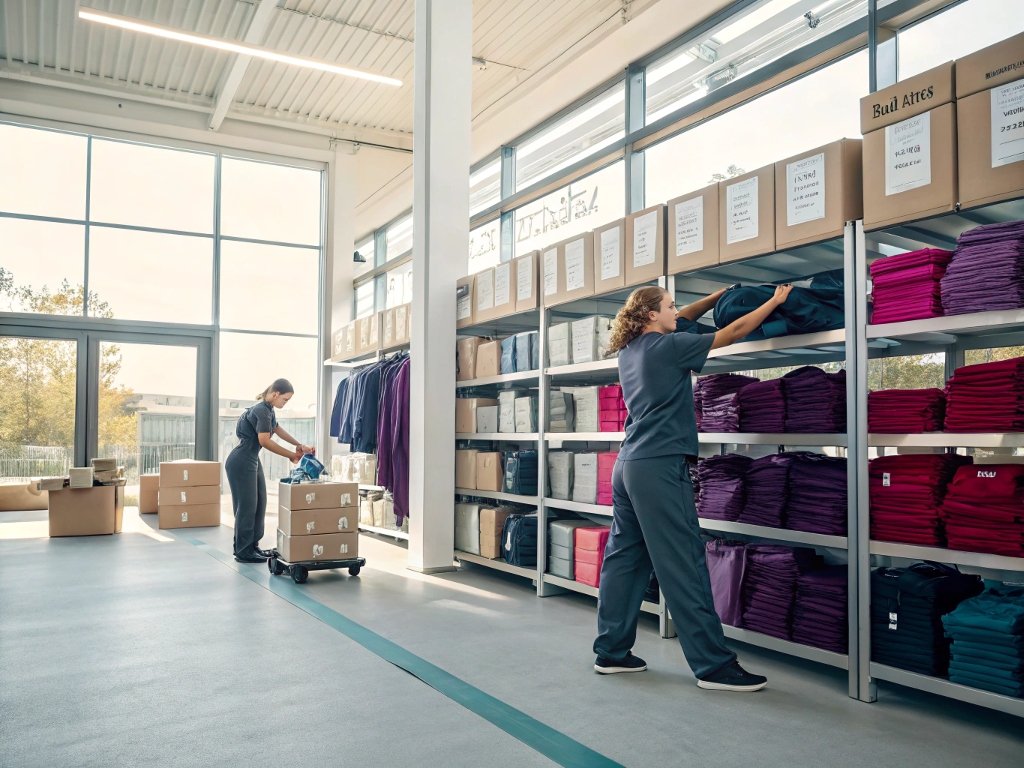 Workers organizing and packing folded clothes into boxes in a bright, spacious warehouse with shelves neatly stacked with apparel.
