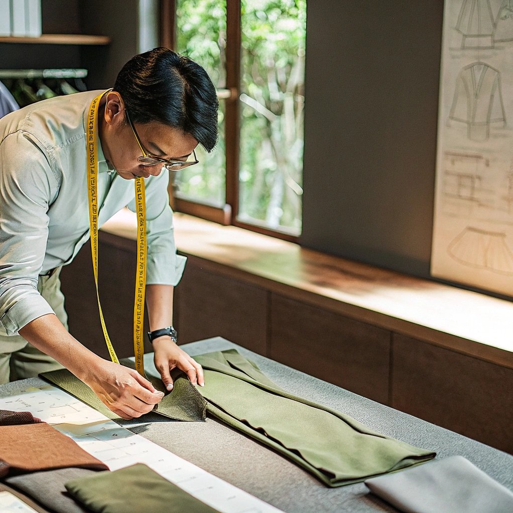 Fashion designer examining green fabric samples on a worktable, with pattern sketches and natural light from a nearby window.