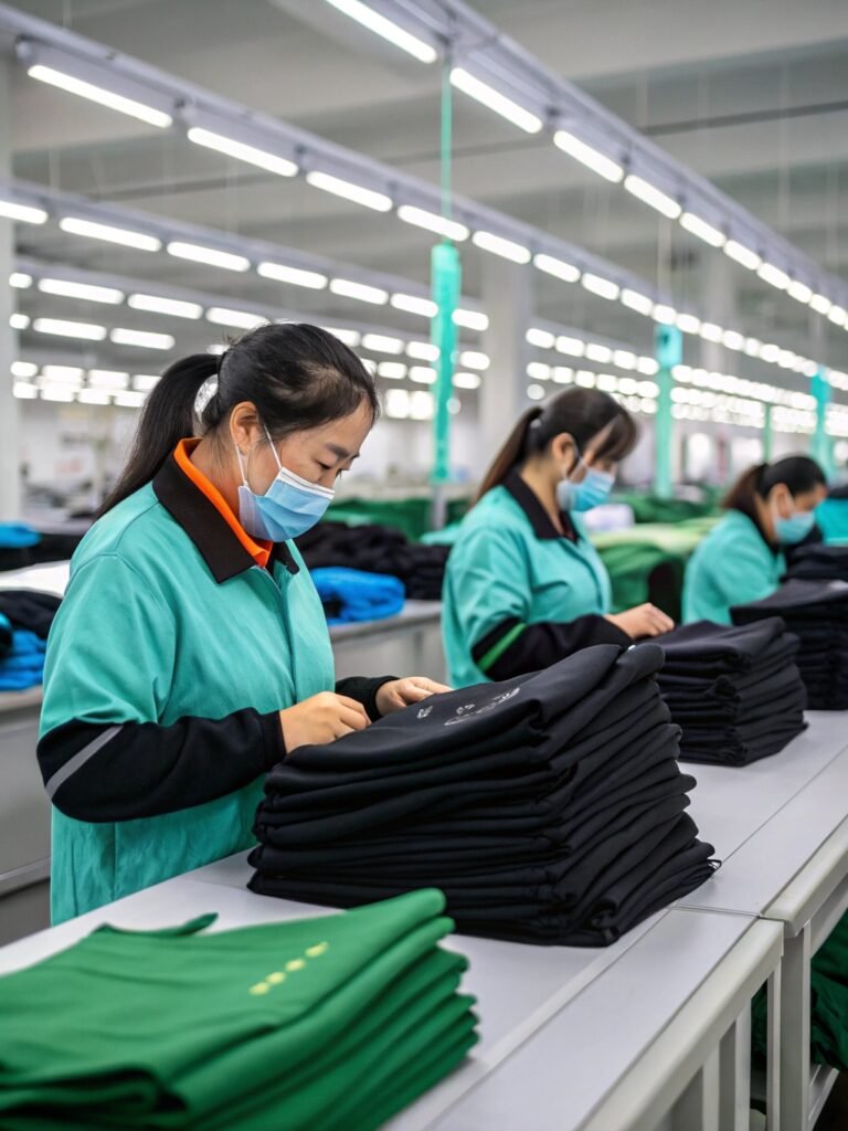 Factory workers in teal uniforms and masks inspecting folded black garments on a production table under bright lighting.