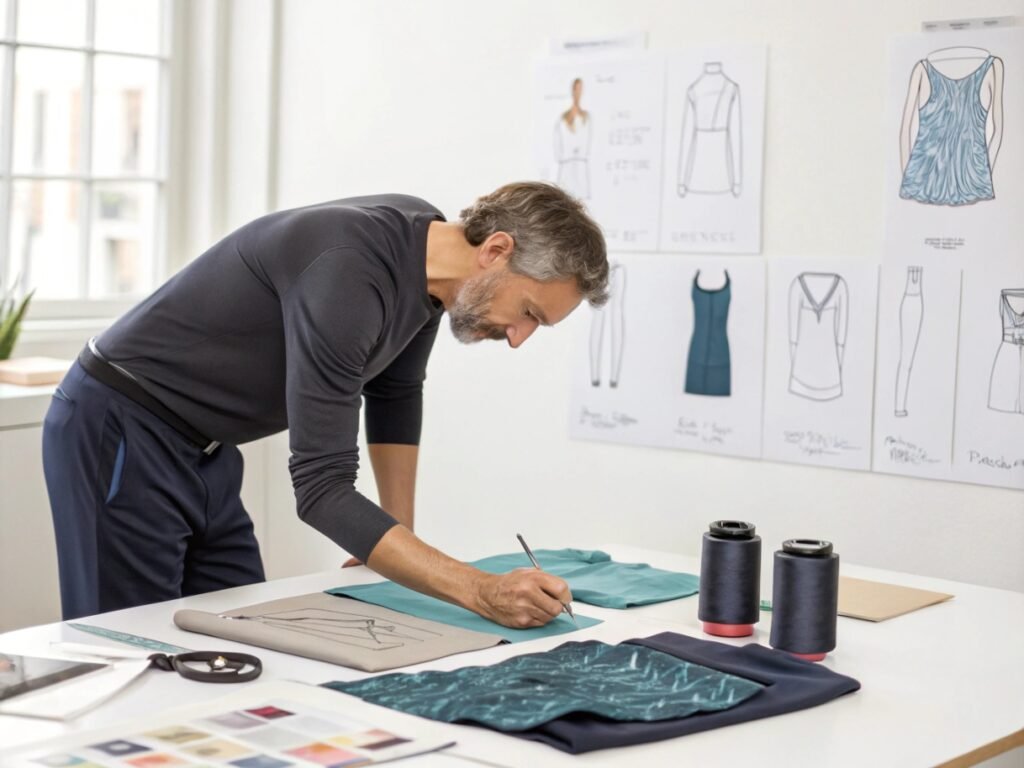 A designer with a gray beard, wearing a black shirt and blue pants, is working on apparel sketches, marking a teal fabric on a table. Clothing design sketches are pinned on the wall behind, and fabric swatches and sewing thread spools are on the table.