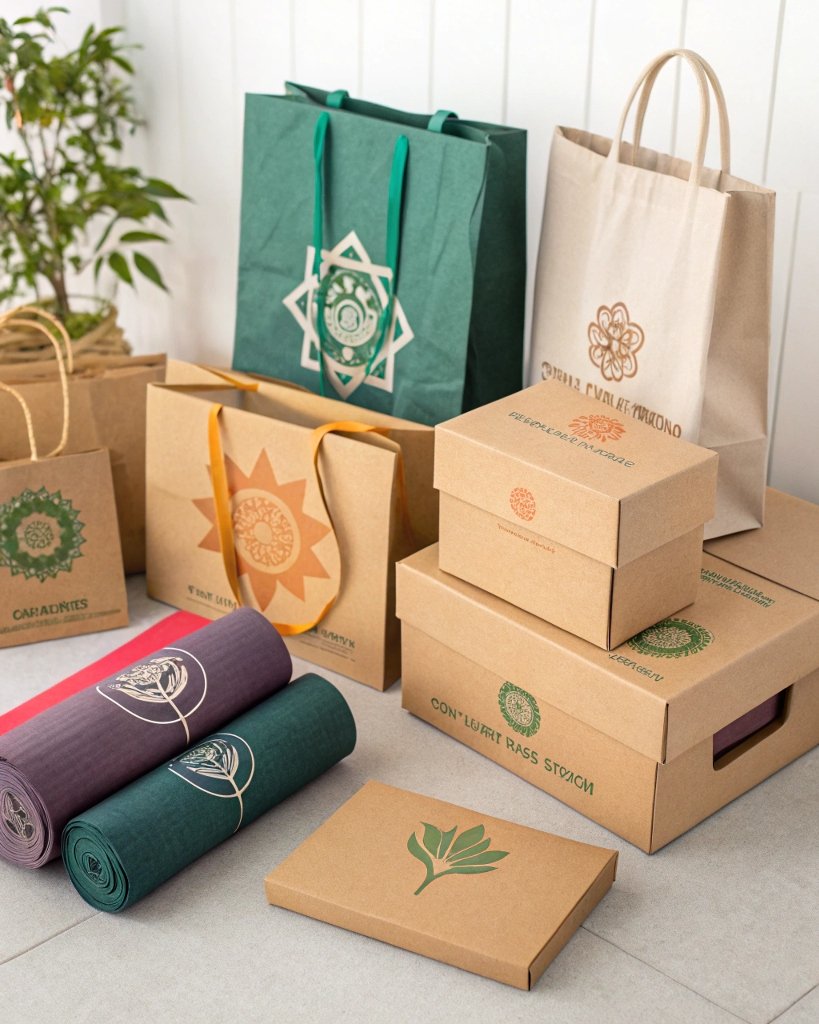 A variety of eco-friendly bags and boxes, featuring yoga-themed logos, are arranged neatly with yoga mats rolled up in the foreground. The packaging is made from brown kraft paper with intricate designs, representing a sustainable, nature-focused brand.