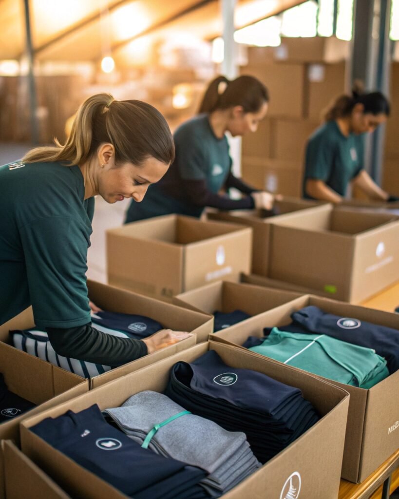Workers packing folded activewear items into cardboard boxes in a warehouse, preparing them for shipping.