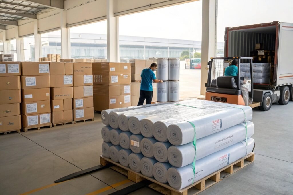 Workers loading fabric rolls and cardboard boxes into a truck at a textile warehouse for shipping.