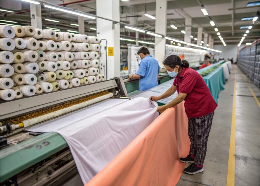 A textile worker manages the fabric as it flows through a machine, with spools of yarn stacked behind, at a fabric production facility.