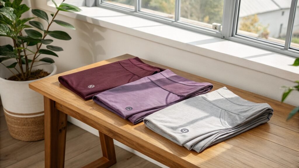 Folded yoga leggings in burgundy, lavender, and gray colors neatly arranged on a wooden table by the window.