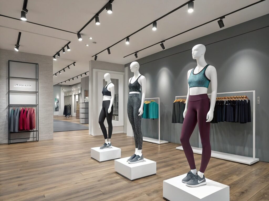 Modern retail store showcasing female mannequins in sports bras and leggings, surrounded by hanging athletic apparel.