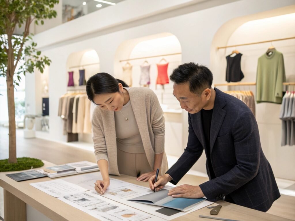 Two designers, a woman in beige and a man in a navy blazer, are working together on apparel designs, reviewing sketches and fabric samples on a table in a modern, well-lit studio with a minimalist design. Clothing items are displayed on racks in the background.