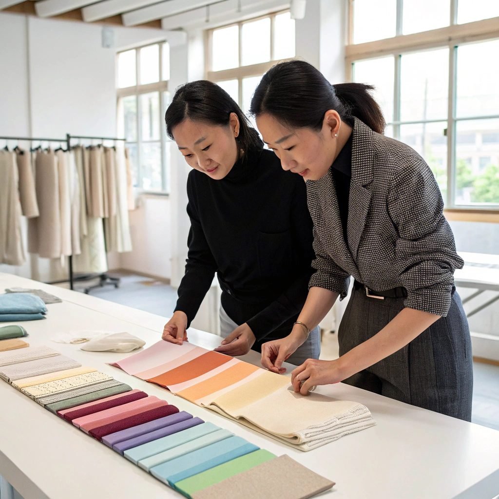 Two women examining colorful fabric swatches on a table in a modern textile showroom.