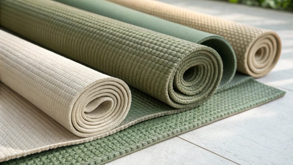 Rolled textured yoga mats in neutral and green tones laid out on a light wooden floor with natural lighting.