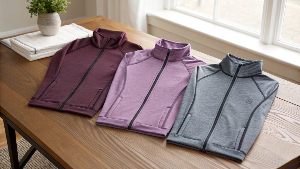 Three folded zip-up athletic jackets in burgundy, lavender, and gray colors displayed neatly on a wooden table.