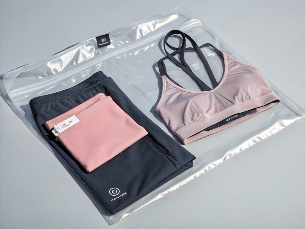Pink sports bra and navy leggings folded in clear zip packaging, modern activewear flat lay.