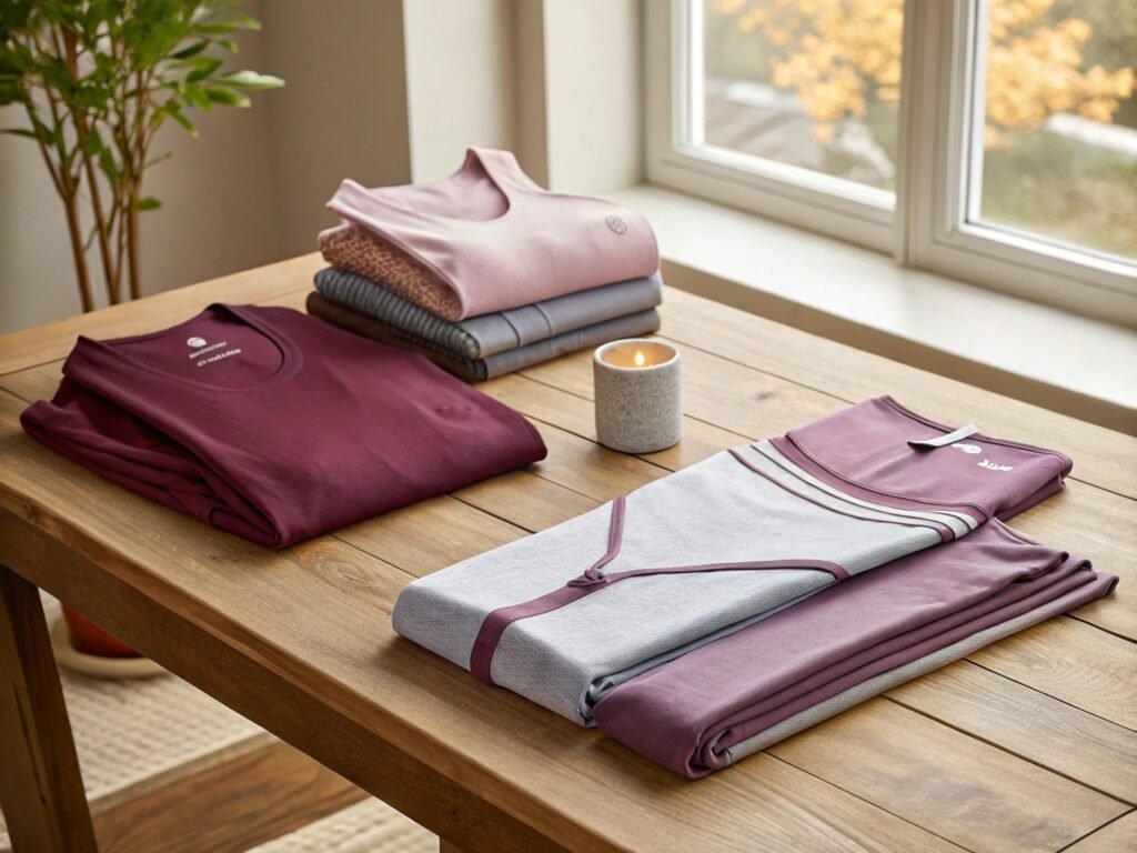 Neatly folded yoga outfits in burgundy, pink, and gray shades on wooden table near window.
