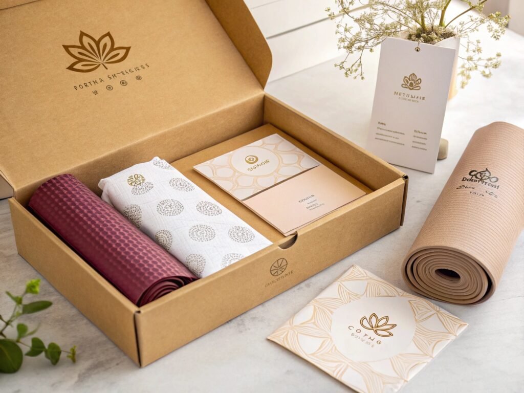 Open kraft box with yoga mats, manuals, and eco-friendly branding for premium yoga gift set packaging. Includes lotus logo and natural color theme.