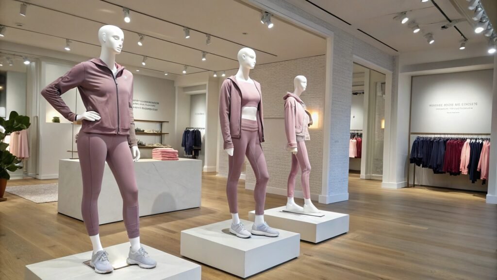 Three mannequins dressed in pink activewear sets with jackets, displayed in a modern retail store.