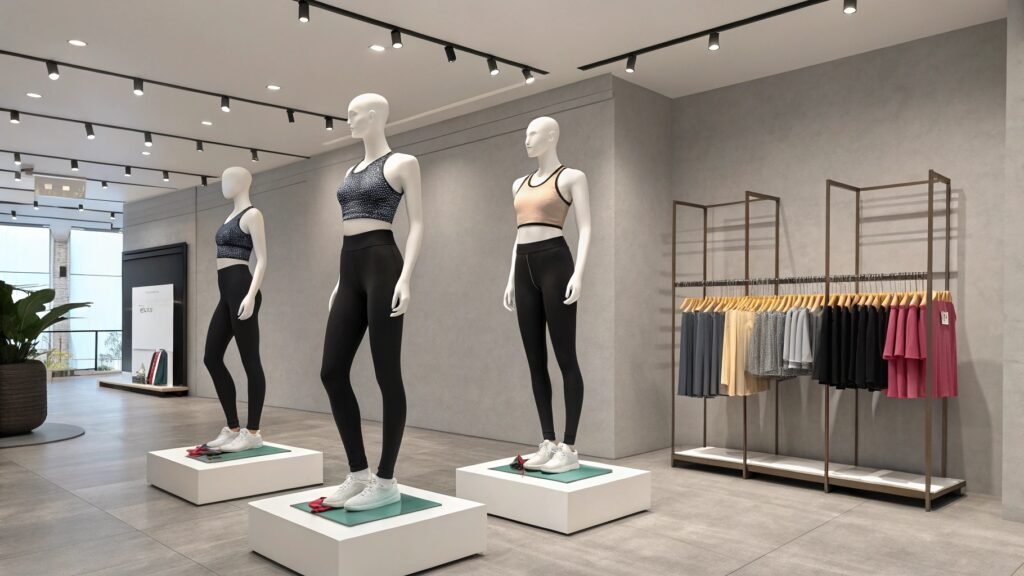 Modern retail store interior featuring mannequins in stylish sports bras and leggings, with racks of colorful apparel in the background.