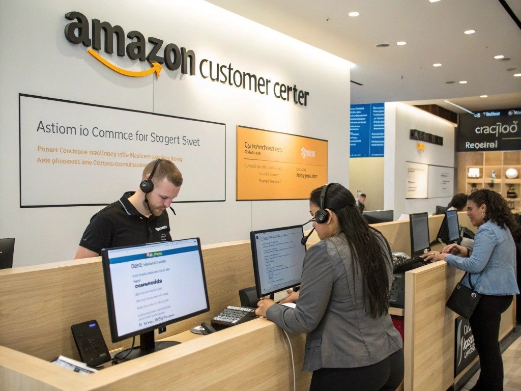 Employees assisting customers at an Amazon customer service center, with workstations, headsets, and signage visible in the modern office space.