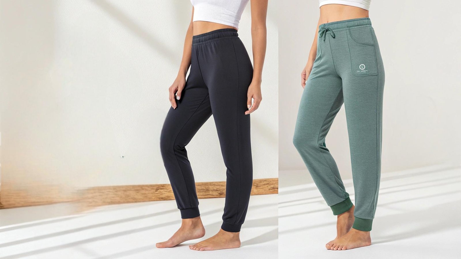 Comparison of eco-friendly yoga pants made from organic cotton, recycled polyester, and bamboo fabric, showcasing sustainable materials and ethical manufacturing practices. Soft natural lighting highlights the fabric texture and eco-conscious branding, set against a minimalist studio backdrop. The image emphasizes transparency and sustainability in design, highlighting the commitment to both comfort and the environment.