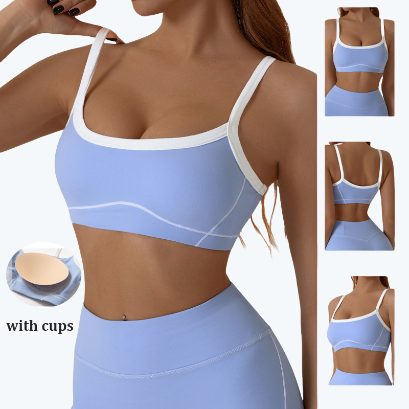 Light blue sports bra with white trim, removable cups, and scoop neckline shown from multiple angles.