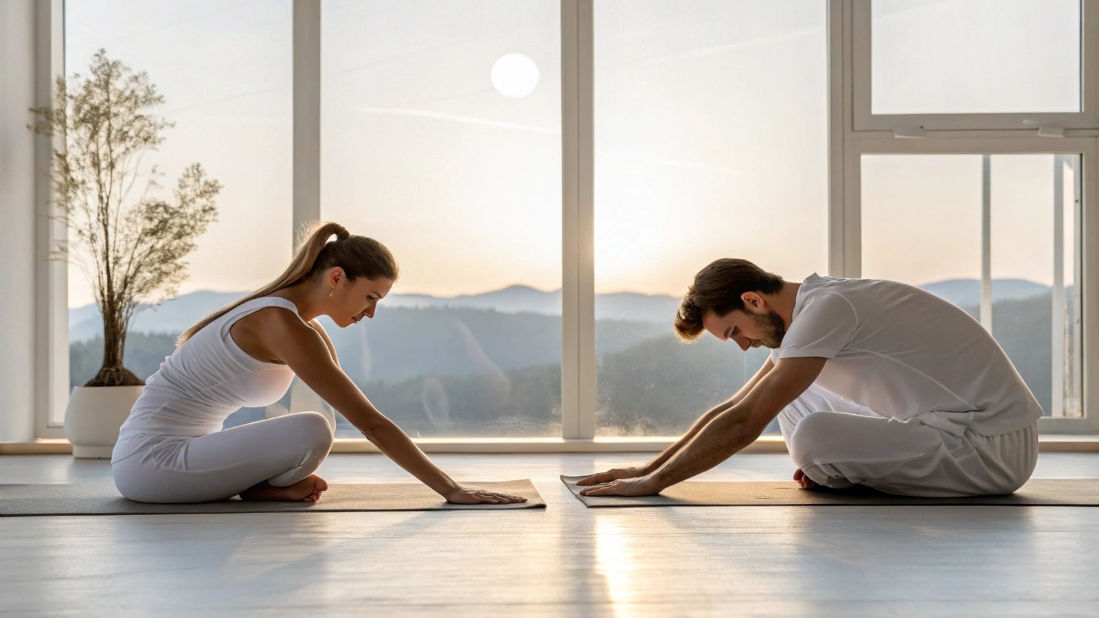 Peaceful Hatha yoga scene featuring female and male practitioners in calm, slow-paced asanas like seated forward fold and child's pose. The focus is on breath control and mindfulness, captured in serene natural lighting within a minimalist yoga studio or outdoor setting. The scene emphasizes the balance between sun and moon (Ha and Tha), creating a harmonious and meditative atmosphere.