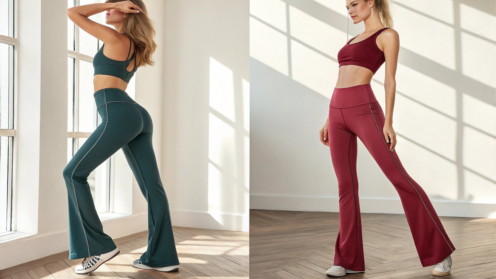 Side-by-side comparison of two women wearing popular 2025 yoga pants styles: on the left, a model wearing high-waisted yoga pants with core support and a sleek, flattering fit; on the right, a model in flared yoga pants with a vintage aesthetic and a relaxed fit around the ankles. Both women are in a yoga studio, with soft lighting highlighting the fabric’s stretch and comfort during practice, emphasizing both style and functionality.