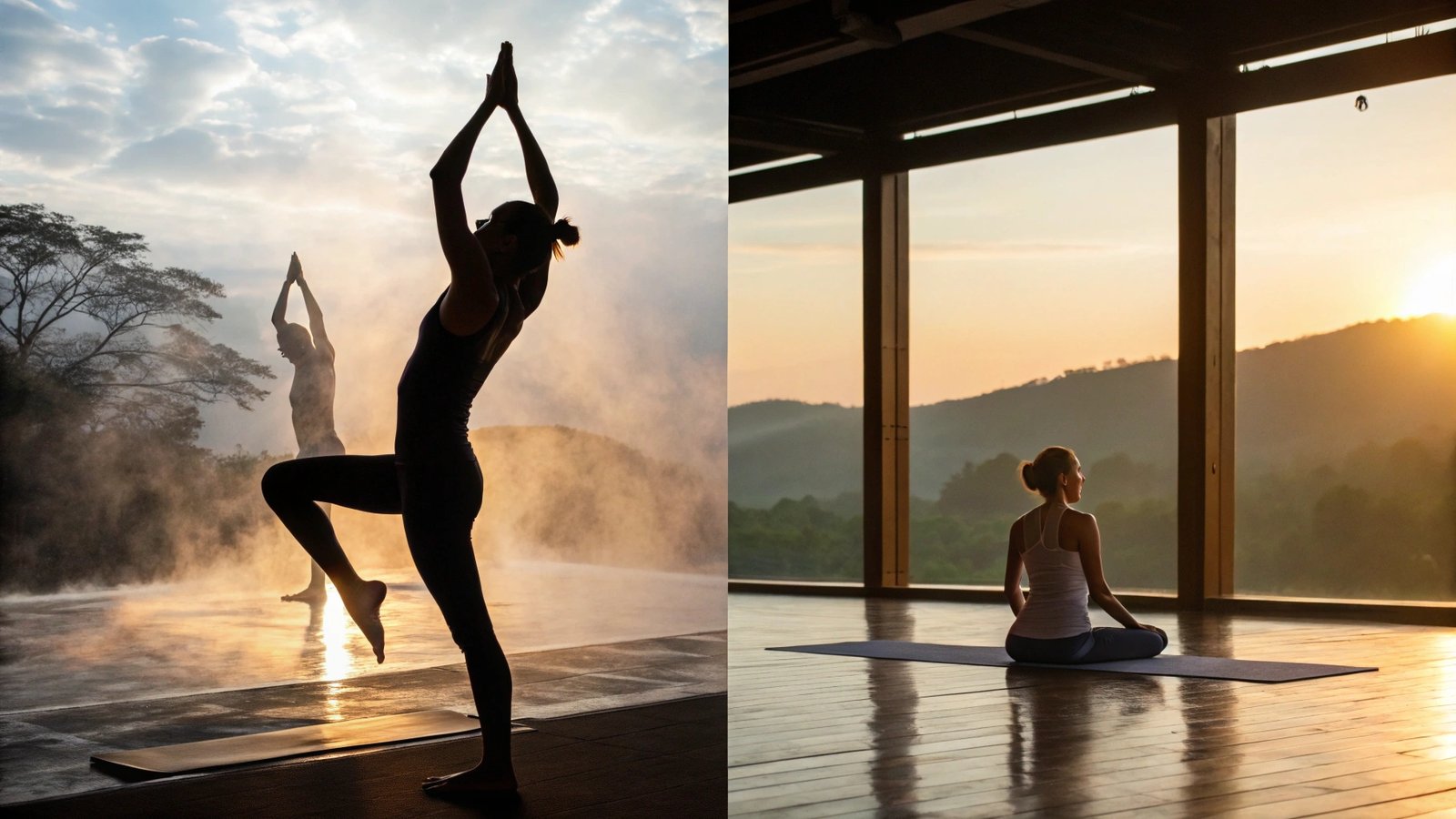 Split image comparing Bikram Yoga and Traditional Yoga. Left side shows a hot, steamy studio with practitioners sweating intensely in the standing bow pose under dramatic lighting, emphasizing physical challenge and detox. Right side depicts a calm setting with soft natural light, a person in lotus pose on a mat surrounded by serene nature or a peaceful studio, highlighting mindfulness, inner peace, and spiritual balance.