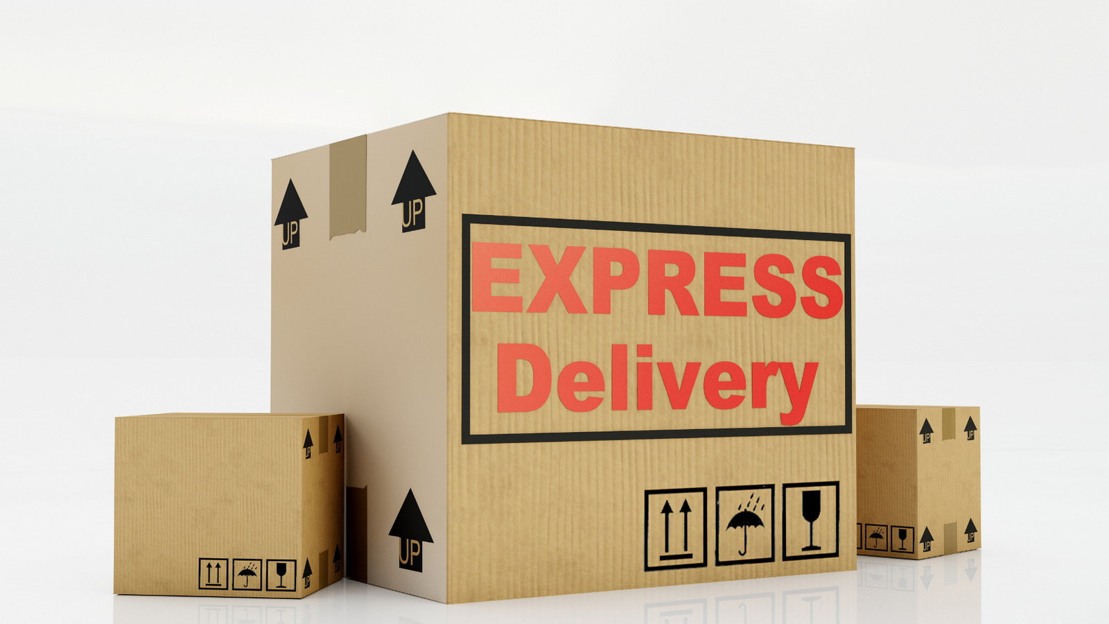 Large cardboard box labeled "EXPRESS Delivery" with shipping and handling icons, surrounded by smaller boxes on a white background.