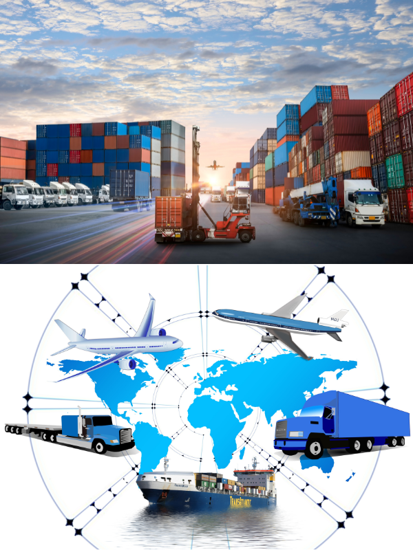 Top image shows shipping containers, trucks, and cargo handling at a port; bottom image illustrates global logistics with airplanes, trucks, and cargo ships around a world map.