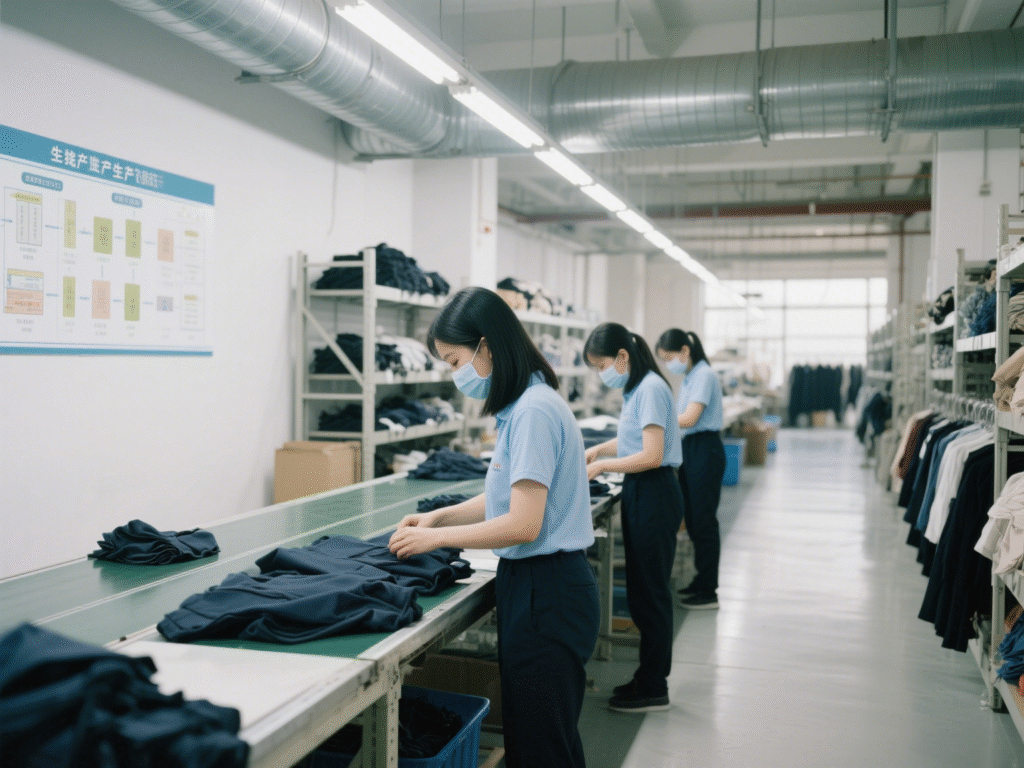 Three workers in blue shirts and face masks are folding clothes in a well-lit factory. Shelves filled with various garments are visible in the background, and a production process chart is posted on the wall. The workers are focused on neatly folding the clothing on the tables.