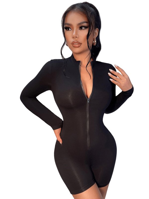 Black zip-up one-piece bodysuit with a sleek, body-hugging fit and long sleeves, adding a modern touch