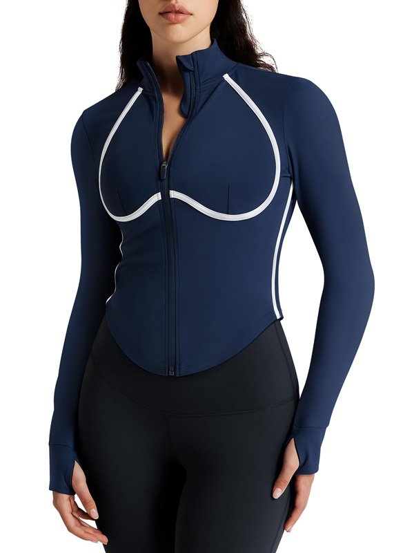 A woman wearing a navy blue zip-up athletic jacket with contrasting white piping, paired with black leggings, showcasing a sleek and sporty activewear design. Title: Navy Blue Zip-Up Athletic Jacket with White Piping