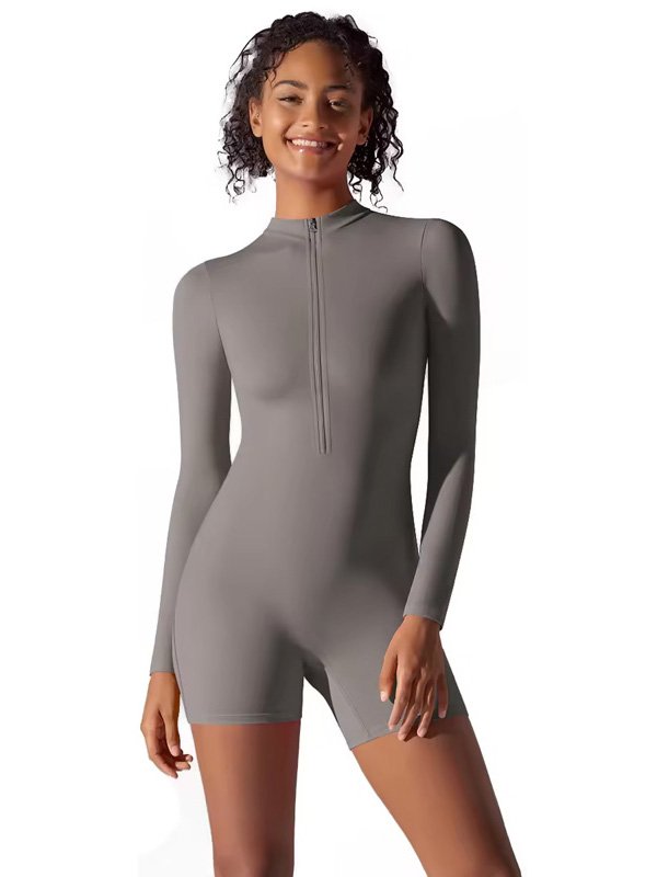 Gray long-sleeve zip-up one-piece bodysuit with a stylish, fitted design, ideal for comfort and style.