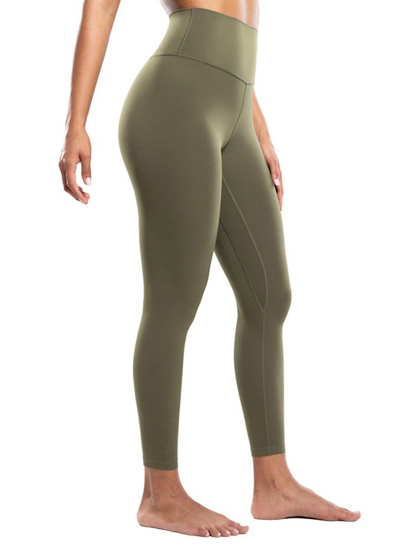 A pair of high-waisted custom yoga pants in olive green, showcasing a tailored fit and sleek design, highlighting the fabric's stretch and smooth texture, displayed on a model in a side view